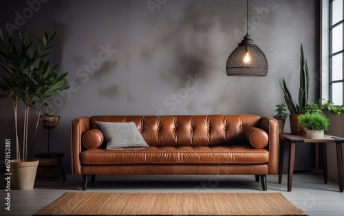 Retro-style living room with a timeless brown leather sofa. Generative AI photo