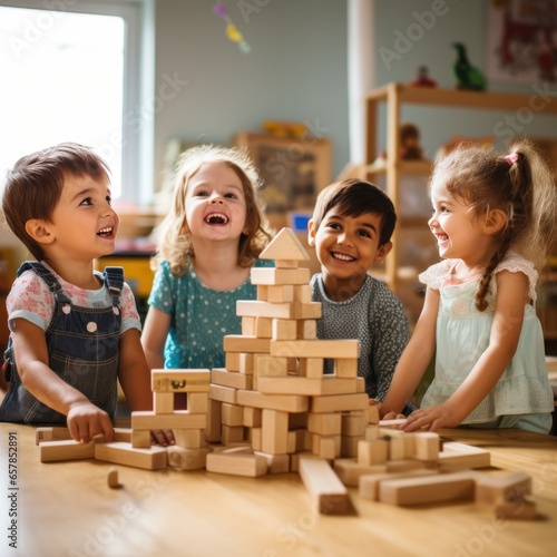 A group of children playing together and building with wooden blocks.