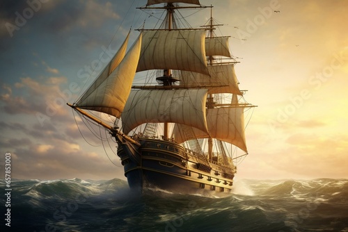 A vintage ship sailing on a realistic sea in a 3D representation. Generative AI