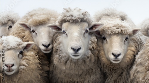A group of sheep huddled together on a snowy winter's day, their breath visible in the cold air