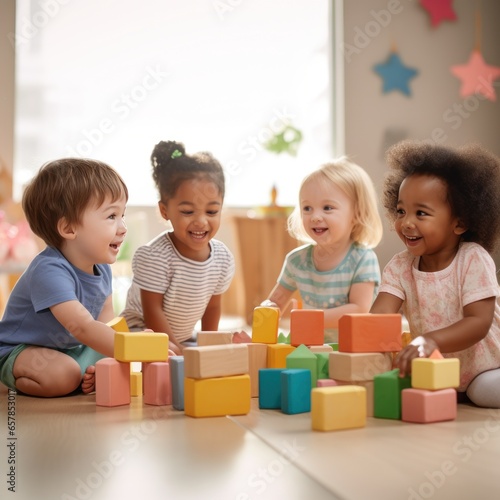 A group of children playing together and building with wooden blocks.