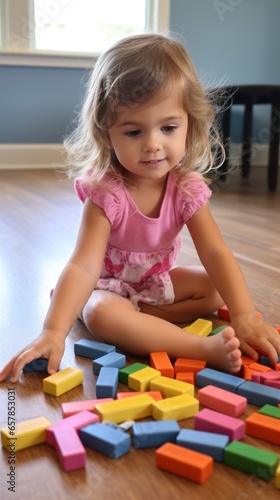 A young child using blocks to learn basic counting and math skills.