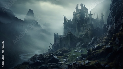 A hauntingly beautiful, forgotten castle ruin atop a misty mountain, with a sense of timelessness in the decay photo
