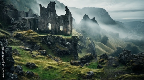 A hauntingly beautiful, forgotten castle ruin atop a misty mountain, with a sense of timelessness in the decay