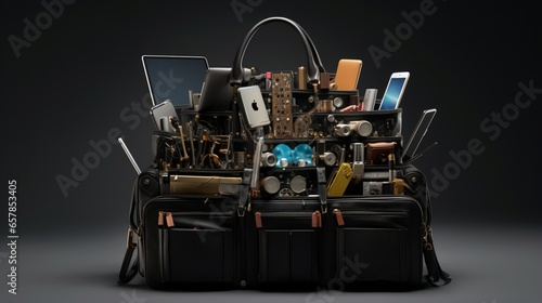 a high-end briefcase filled with a symphony of office supplies, from notepads to paperclips