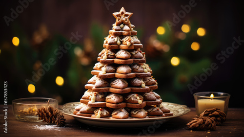 Christmas tree made of cookies, sweet delicious xmas holiday decoration 