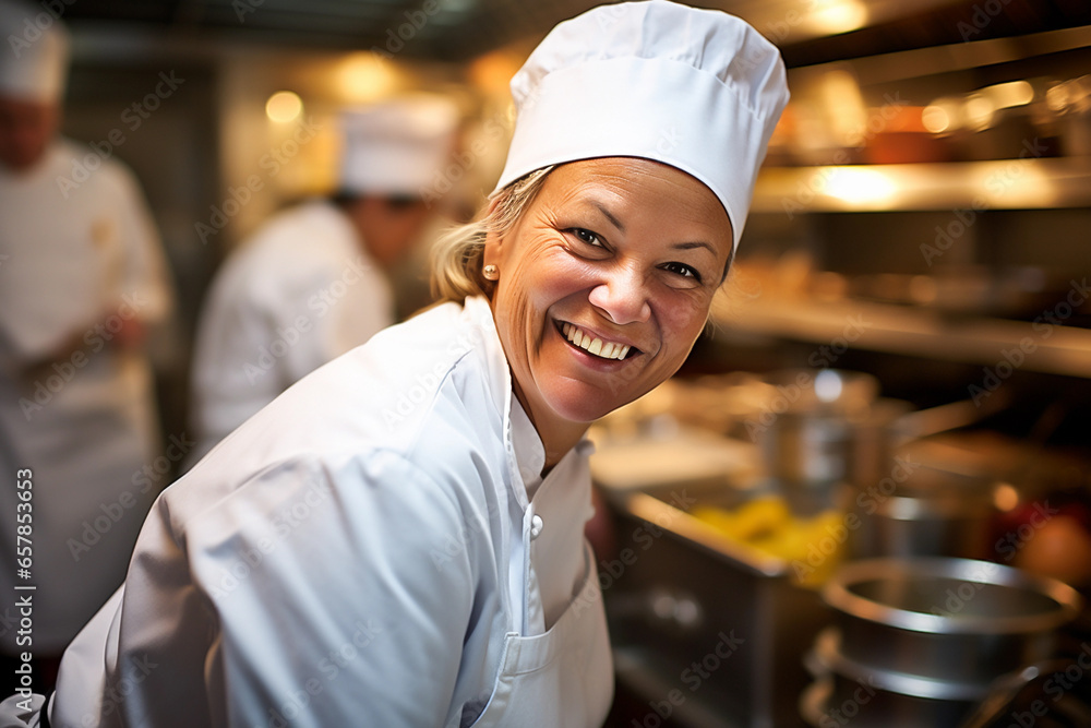 Portrait of a female chef smiling at the camera in a restaurant kitchen. Generative AI Portrait of a female chef smiling at the camera in a restaurant kitchen. Generative AI