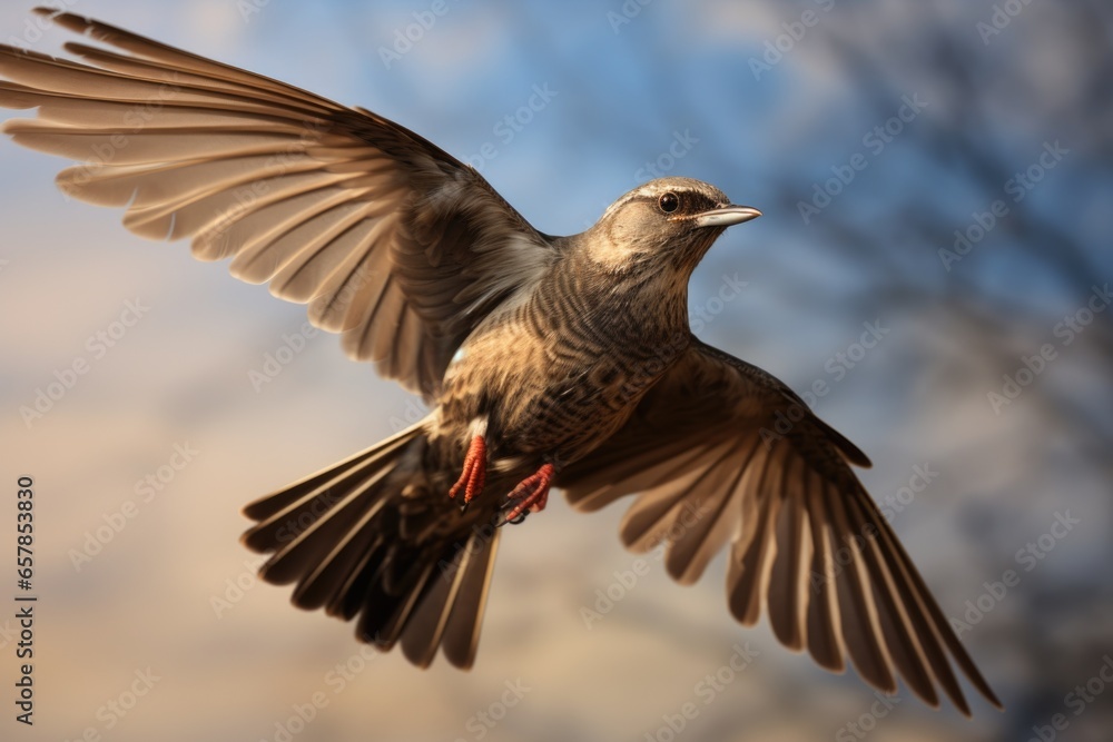 Obraz premium A bird soaring through the sky with its wings spread. Suitable for various uses.