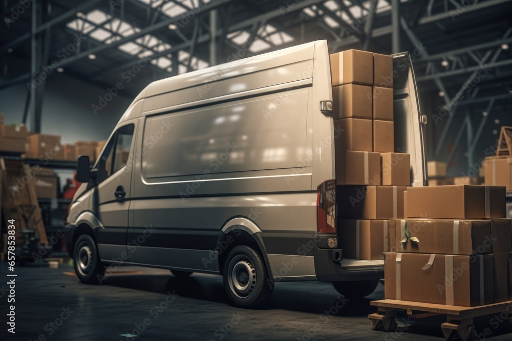 A van is parked inside a spacious warehouse. This image can be used to depict transportation, storage, logistics, or industrial concepts.