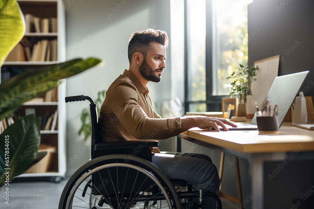 young businessman in wheelchair doing paperwork while working on laptop at home. Ai generated young businessman in wheelchair doing paperwork while working on laptop at home. Ai generated