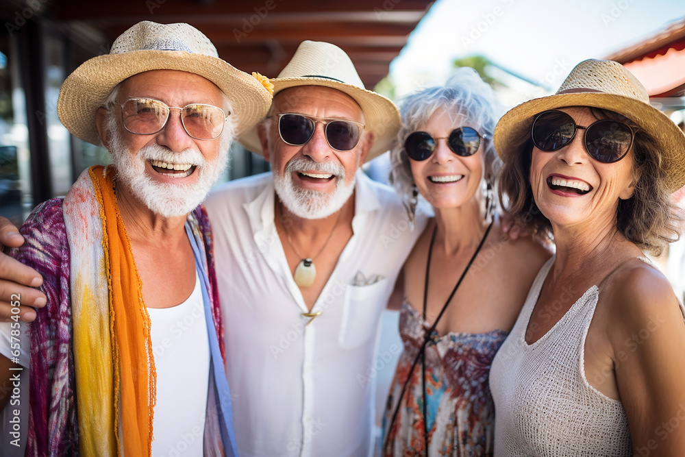 two elderly couples smiling while on vacation. ai generated two elderly couples smiling while on vacation. ai generated