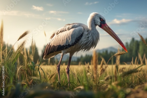 A bird with a long beak standing in a field. This image can be used to depict wildlife, nature, or birdwatching. © Fotograf