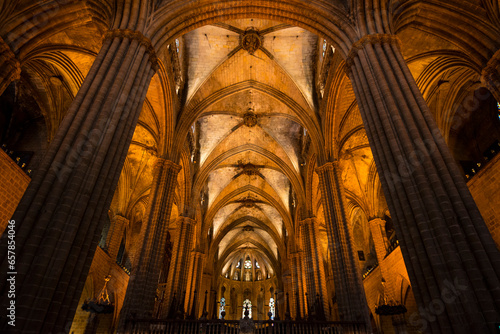 View of the columns and vaulted ceiling of the Barcelona Cathedral; Barcelona, Spain photo