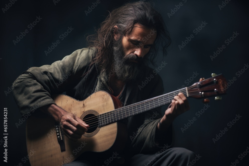 Obraz premium A picture of a man with long hair playing a guitar. This image can be used to depict a musician, a performer, or a person enjoying music.