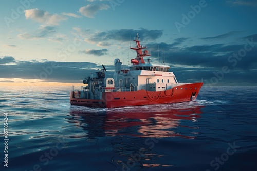 A picturesque scene of a red and white boat peacefully sailing in the middle of the vast ocean. Suitable for travel brochures, adventure magazines, and nautical-themed designs.