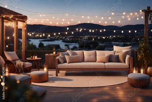 A photorealistic 3D rendering of a comfortable rooftop patio area with a lounging area, a hanging chair, and string lights at dusk in the summer.  © sania