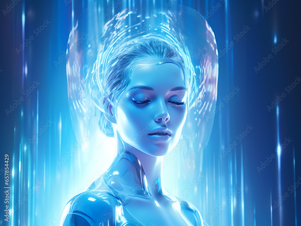 Close up of a beautiful futuristic half robot woman, mystic blue woman with closed eyes Close up of a beautiful futuristic half robot woman, mystic blue woman with closed eyes