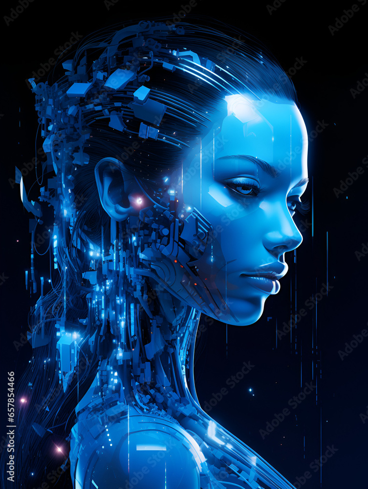 Close up of a beautiful futuristic half robot woman, mystic blue woman Close up of a beautiful futuristic half robot woman, mystic blue woman