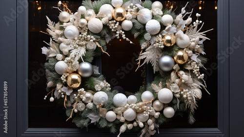 christmas decoration with white balls and ribbon