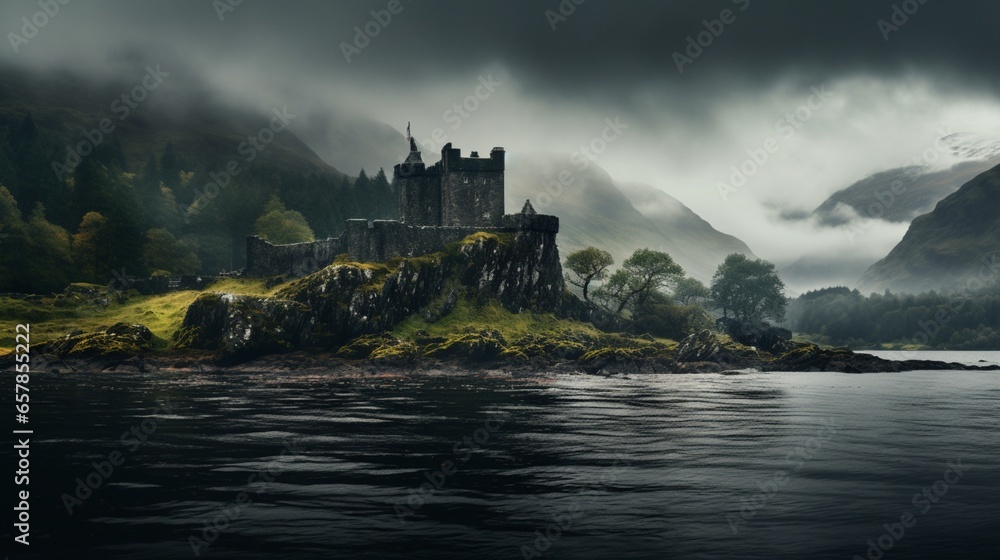 A majestic, stone fortress rising from the misty depths of a Scottish loch, shrouded in legends of battles past - obrazy, fototapety, plakaty 