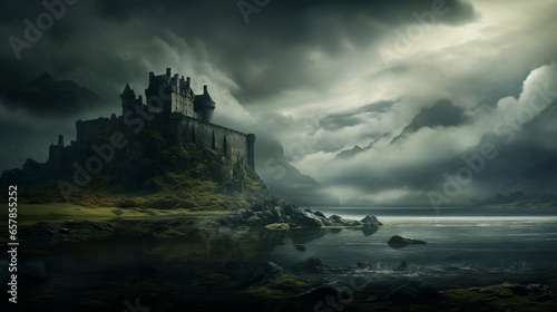 A majestic, stone fortress rising from the misty depths of a Scottish loch, shrouded in legends of battles past photo