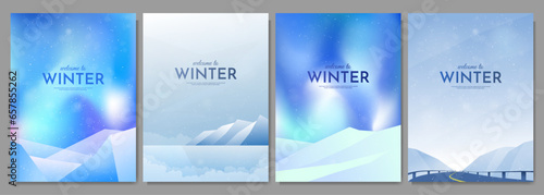 Vector illustration. Winter landscape. Snowy backgrounds. Northern light, aurora borealis, clear sky. Highway road by mountains. Design elements for poster, book cover, brochure, magazine, booklet