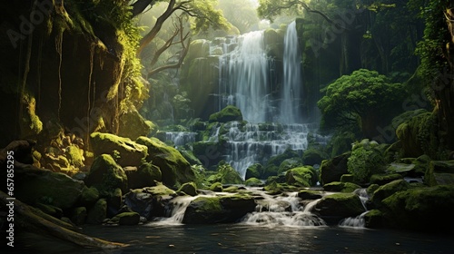 A majestic waterfall cascades down moss-covered rocks in a hidden forest oasis