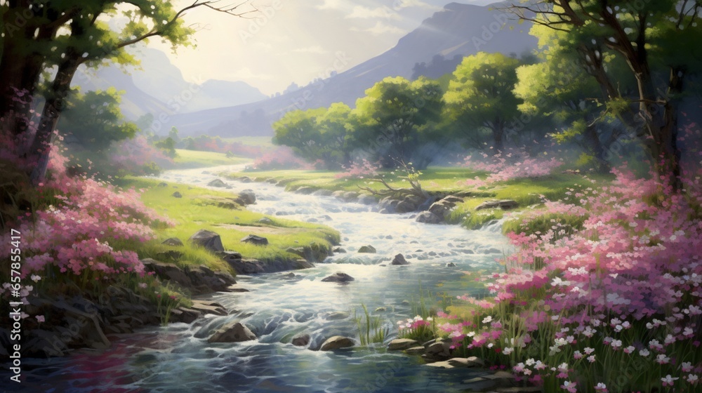 a meandering riverbank adorned with delicate wildflowers, their petals gently swaying in the river's breeze
