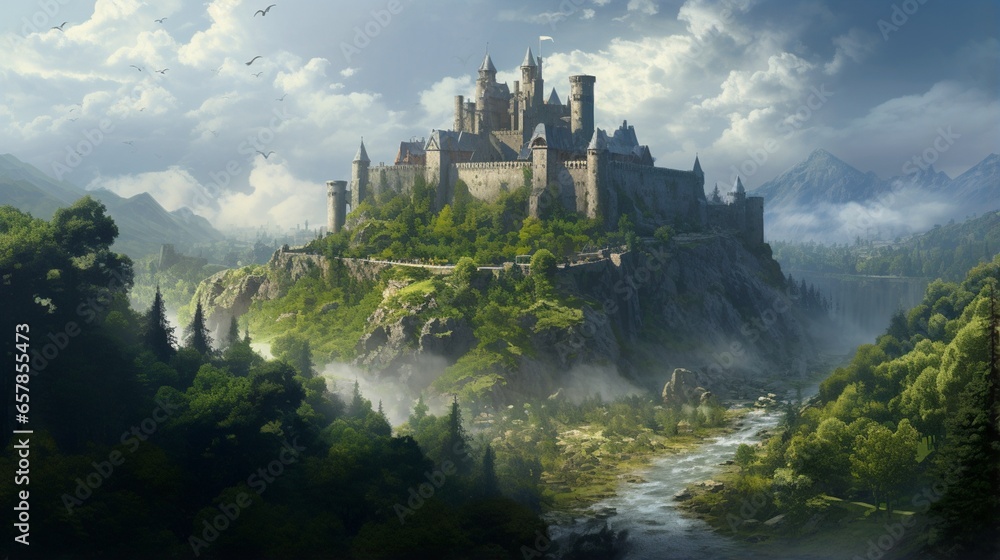 A medieval castle perched atop a rocky hill, surrounded by a lush forest, as if guarding a long-forgotten secret