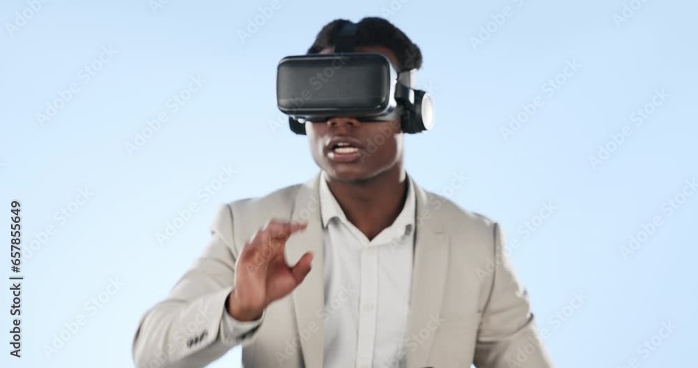 Man, businessman and virtual reality for hobby, metaverse and creative designer on blue studio background. IT worker, digital and user experience for choosing web design, client, and 3d technology Man, businessman and virtual reality for hobby, metaverse and creative designer on blue studio background. IT worker, digital and user experience for choosing web design, client, and 3d technology