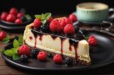 Piece of classic cheesecake dessert with with juicy red berries on stylish black plate with mint leaves, on blurred wooden table. Generative AI