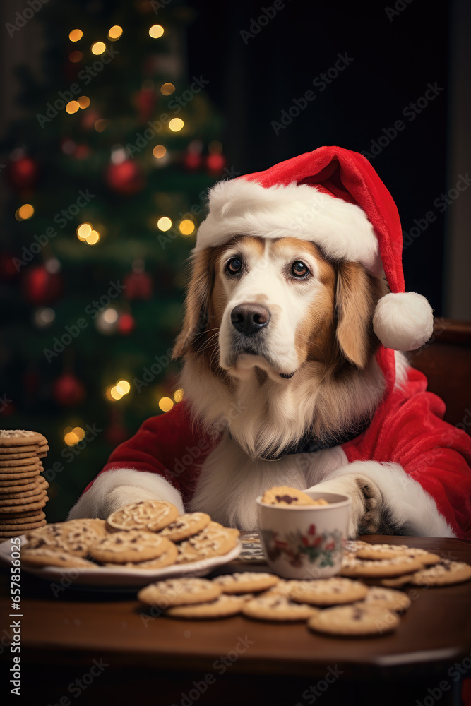 Cute dog dressed as Santa Claus