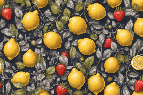 Seamless patterns lemon and strawberry, step repeating patterns design, fabric art, flat illustration