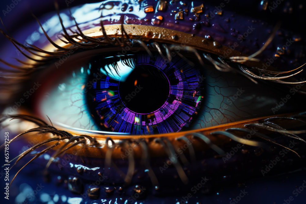 A vibrant and mesmerizing close-up of a blue and purple eye. A close up of an eye with blue and purple colors A vibrant and mesmerizing close-up of a blue and purple eye. A close up of an eye with blue and purple colors