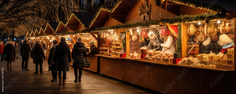 Christmas market with people shopping for holiday gifts and enjoying festive treats
