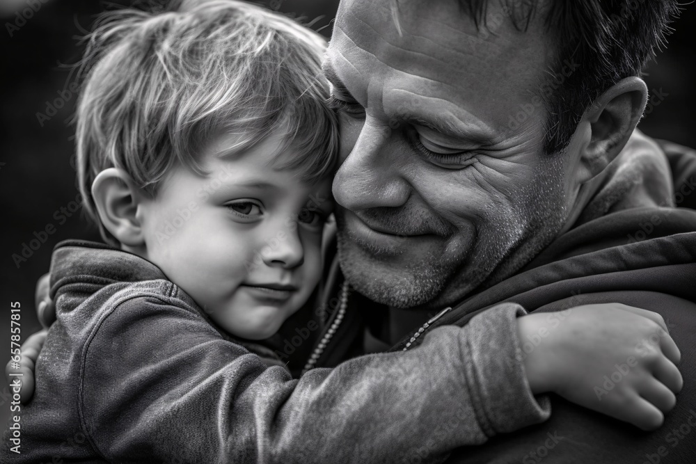 Fathers day. Portrait of a happy father with his son. Black and white photo. Fathers day. Portrait of a happy father with his son. Black and white photo.
