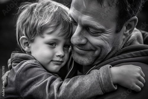 Fathers day. Portrait of a happy father with his son. Black and white photo.