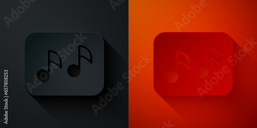 Paper cut Music note, tone icon isolated on black and red background. Paper art style. Vector
