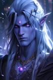 Portrait of a muscular male night elf with blue skin and white hair in fantasy style, night elf city in the background