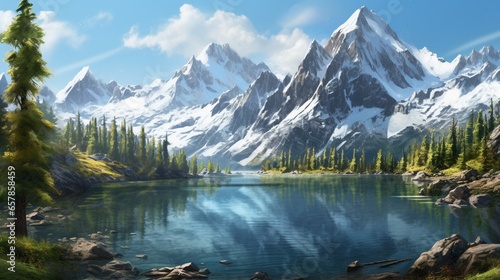 A majestic mountain range with snowcapped peaks, surrounded by lush forests and serene lakes