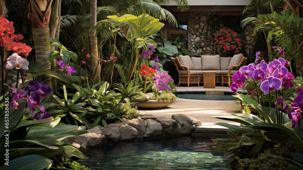 a secluded garden with exotic orchids in various colors and shapes, creating a tropical oasis of beauty