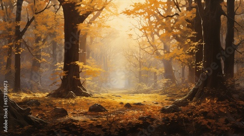 A beautiful autumn forest with golden leaves, sunlight filtering through the trees, and an enchanting misty atmosphere