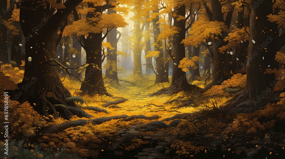 A serene, autumnal forest with a carpet of golden leaves beneath the canopy of ancient trees, where the air is crisp