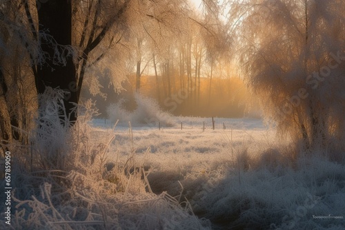 Morning glow with hoarfrost. Generative AI © Niamh
