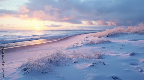 Snowy beach at twilight, clear winter air at the ocean