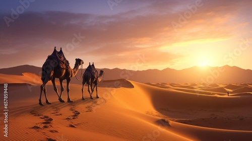 a serene desert landscape with a caravan of camels making their way across the golden dunes at dawn