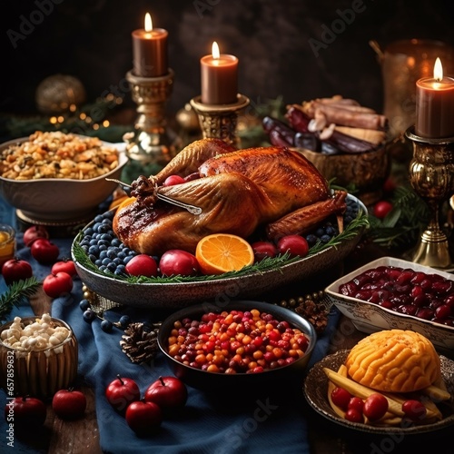 Traditional Christmas table with roasted turkey and other festive dishes on wooden board. Thanksgiving dinner with roasted turkey, cranberry, oatmeal, nuts and berries.