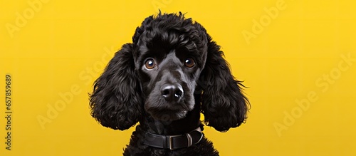 Beautiful black poodle photographed up close on a colored background