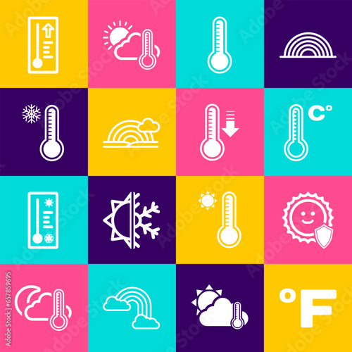 Set Fahrenheit, UV protection, Meteorology thermometer, Rainbow with cloud, and icon. Vector