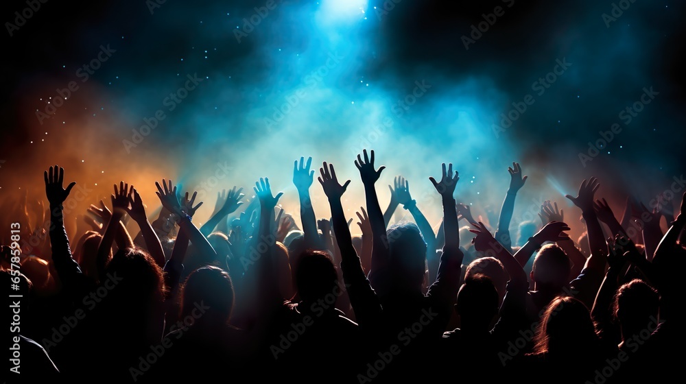 Dynamic Concert Crowd Applauding, Silhouettes in Hazy Nightscape, Celebrating Music, Dance, and Festive Happenings, Clapping Hands